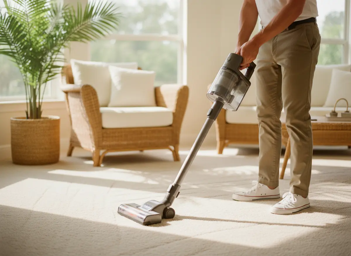 Cleaner vacuuming living room carpet during a house cleaning in Sarasota, FL