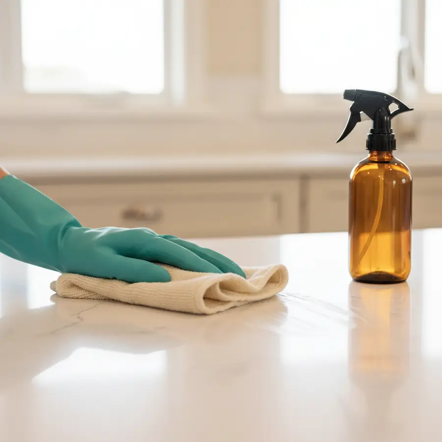 Gloved hand wiping a kitchen counter during a deep cleaning in Sarasota, FL