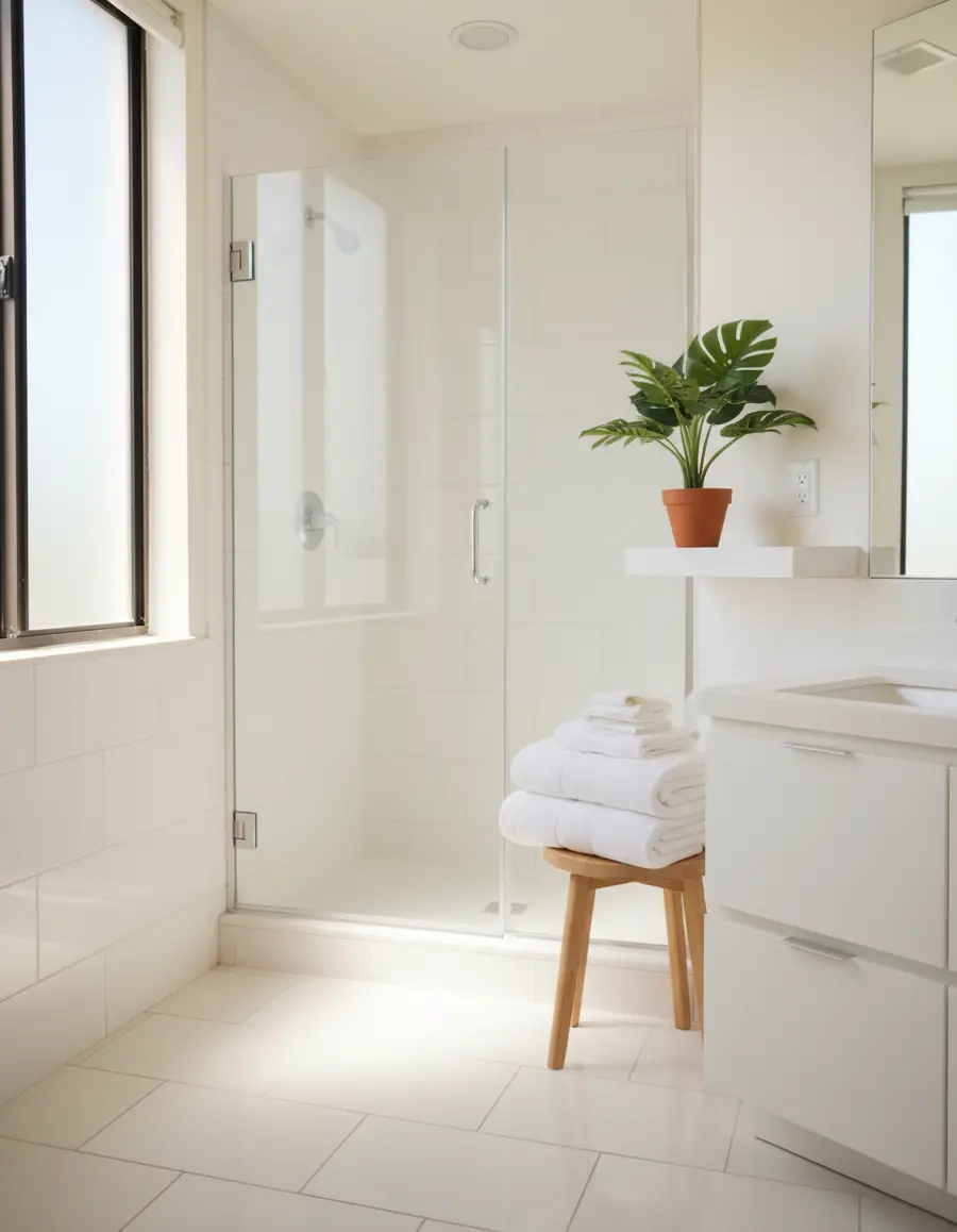 Clean bathroom with folded towels after a vacation rental turnover cleaning in Sarasota, FL